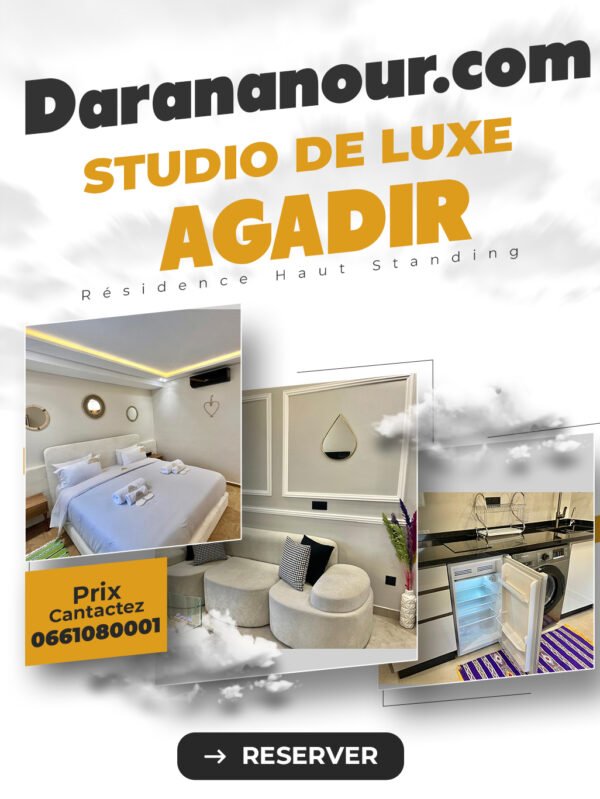 Bienvenue à la Résidence Dar Ananour, Location Studio de Luxe à Agadir, Votre Studios de Luxe à Agadir, studio agadir haut gamme, Offrez-vous un, Studio chic à louer, location appartement agadir par jour, studio a louer a agadir par mois, Studio Standing Centre-Ville, appartement a louer agadir longue durée, appartement a louer agadir, Studio meublé à louer